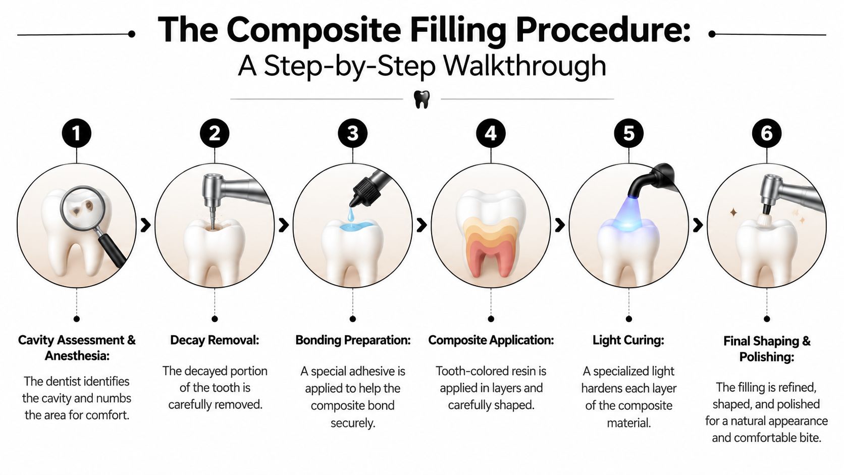 An infographic showing the six steps of a composite tooth filling procedure from assessment to polishing.