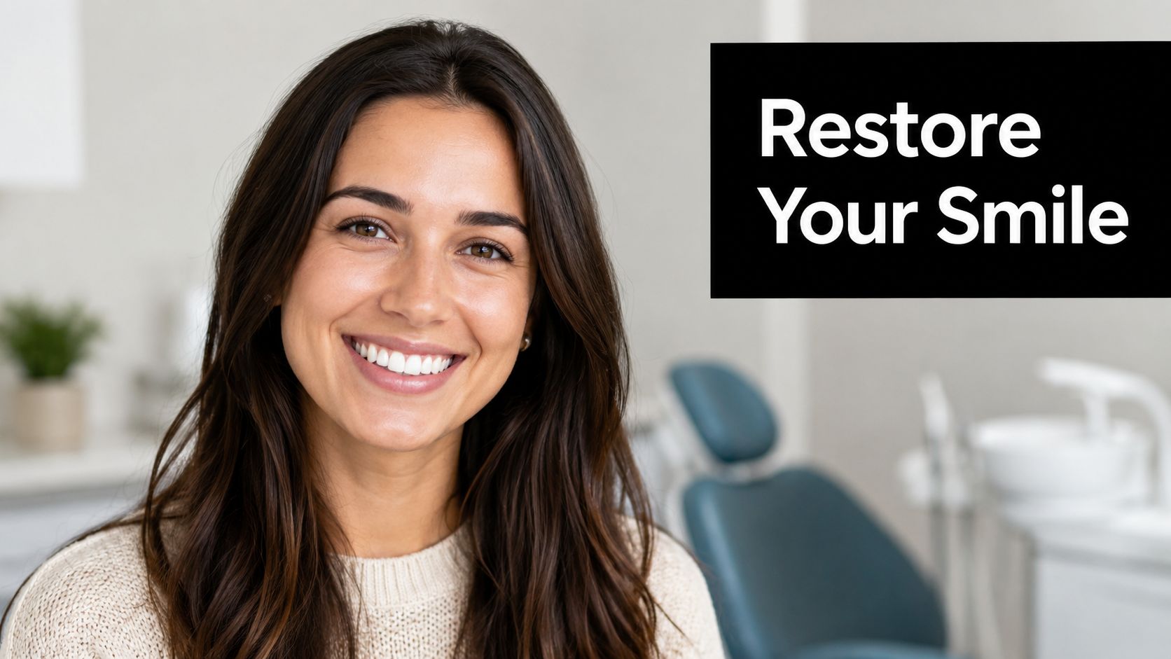 A smiling woman in a dental office setting with text overlay about restoring your smile.