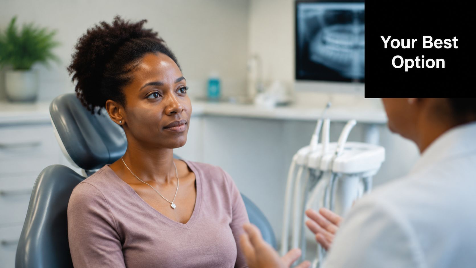 A female patient sitting in a dental chair consulting with her dentist about treatment options.