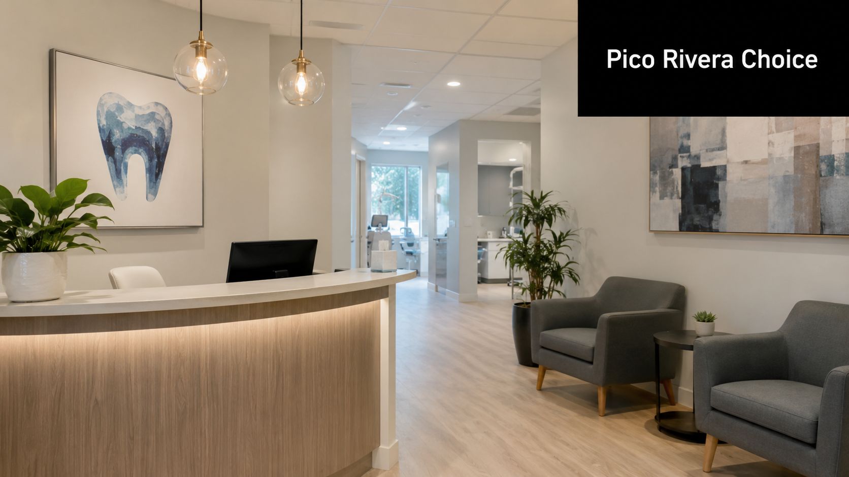 A modern and welcoming dental office reception area featuring a wood-toned desk and comfortable grey lounge chairs.