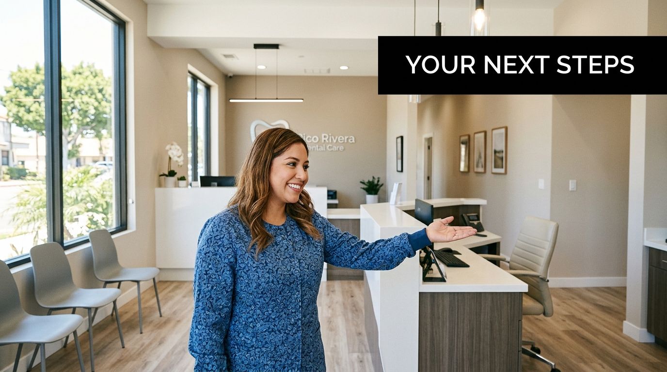 A friendly dental assistant wearing blue scrubs welcoming patients into a modern professional dental office reception area.