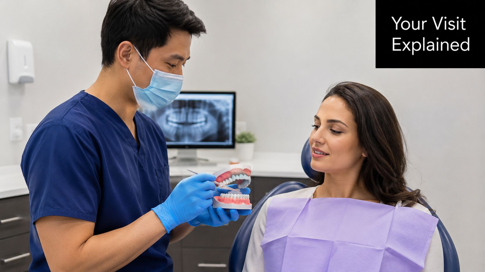 A dentist wearing a mask and gloves explains a dental procedure using a model to a patient.