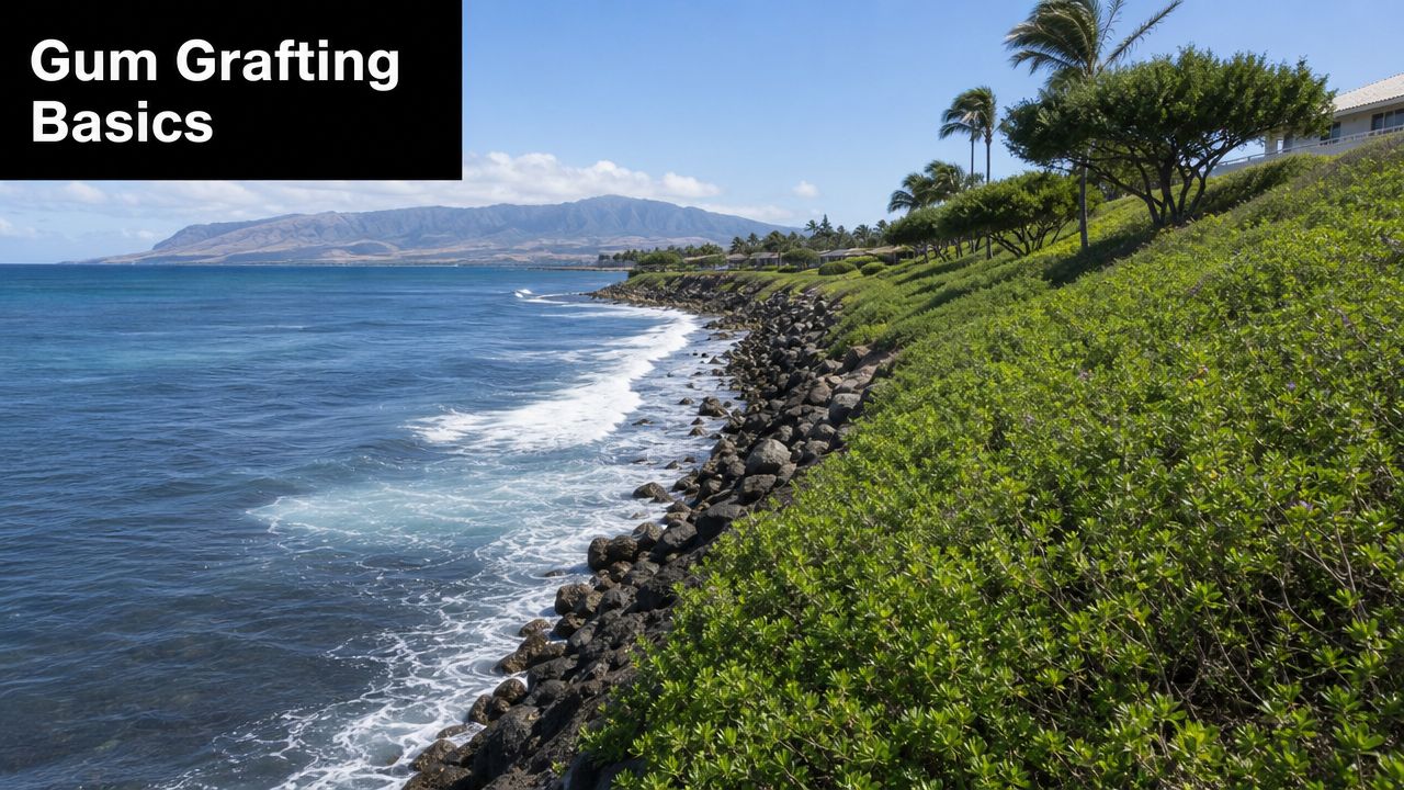 A scenic coastal view of lush green landscaping alongside a rocky shoreline by the ocean.