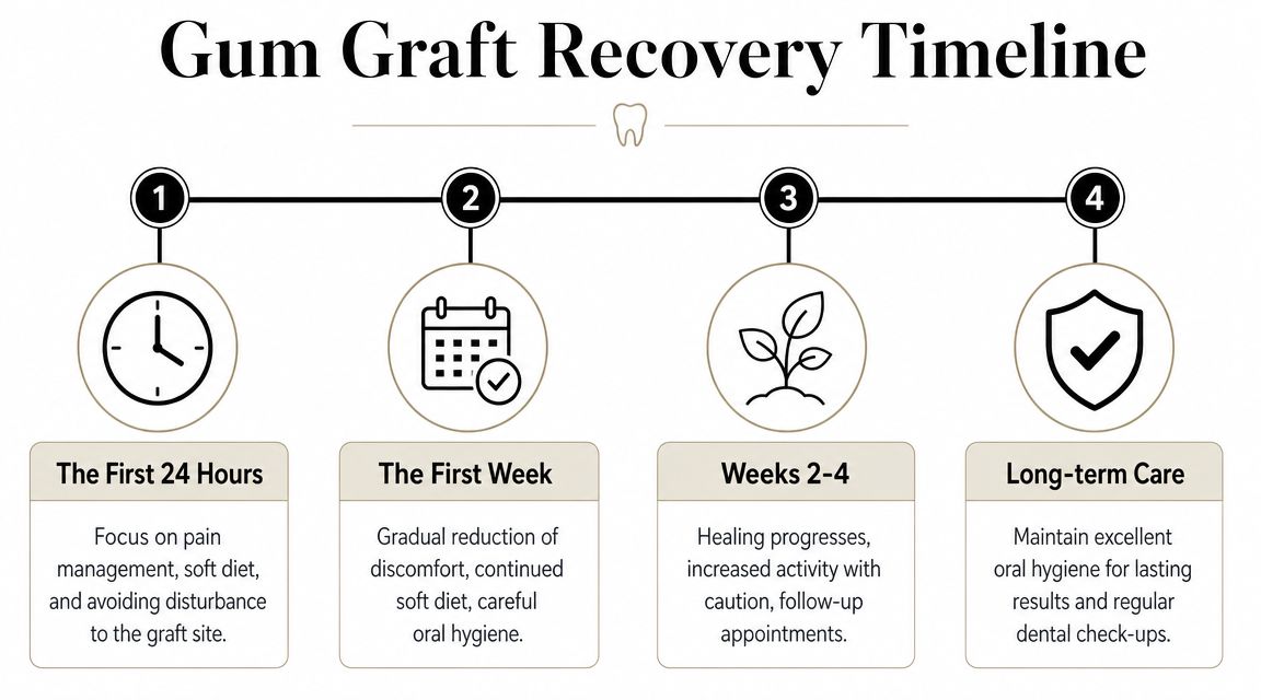 A diagram outlining a four-step recovery timeline for patients following a gum grafting surgical procedure.