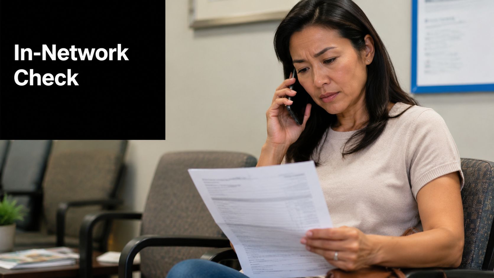 A woman sits in a waiting room while talking on her phone and reviewing medical paperwork.