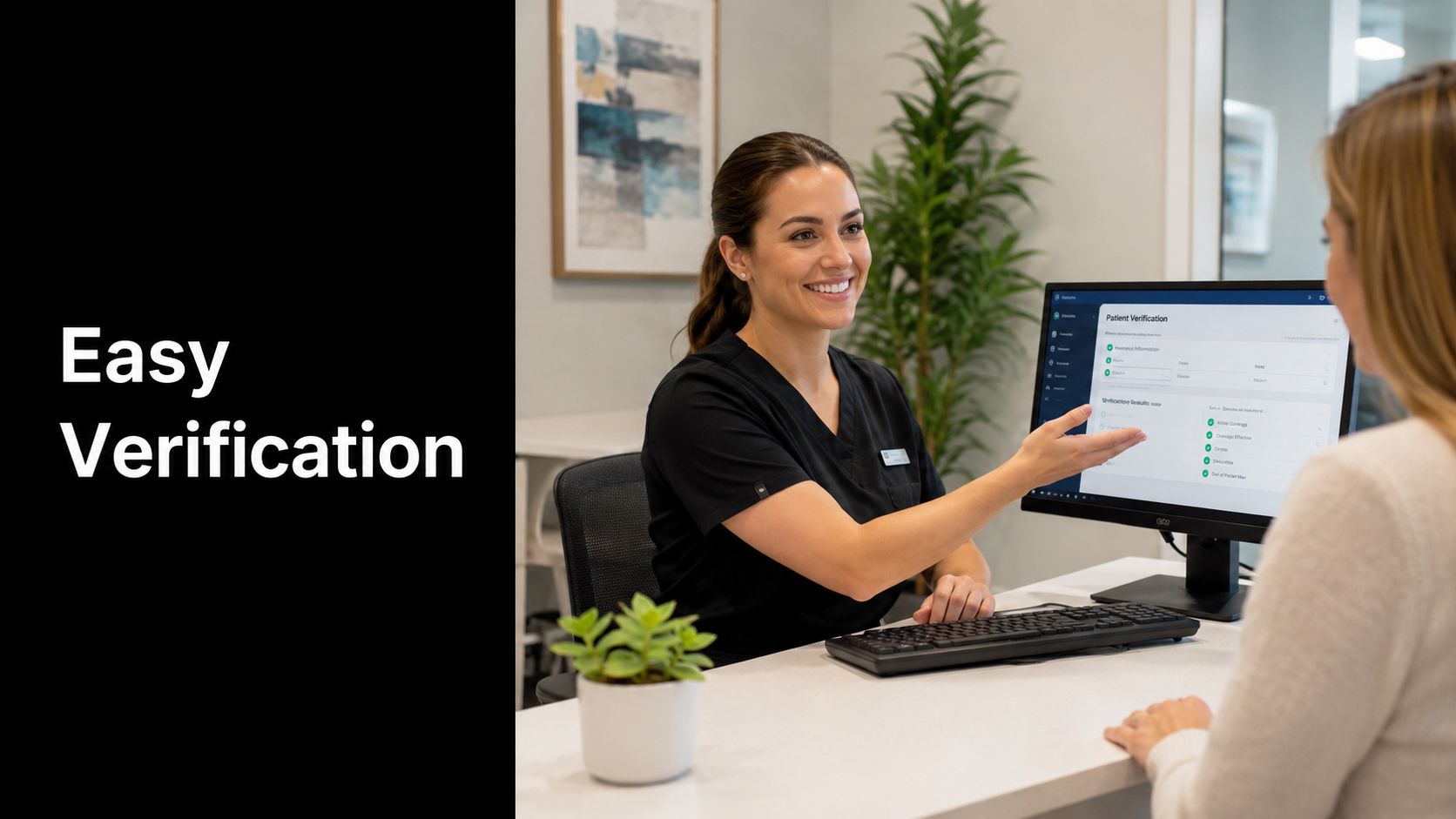 A friendly dental receptionist explaining insurance coverage verification to a patient at a modern office front desk.