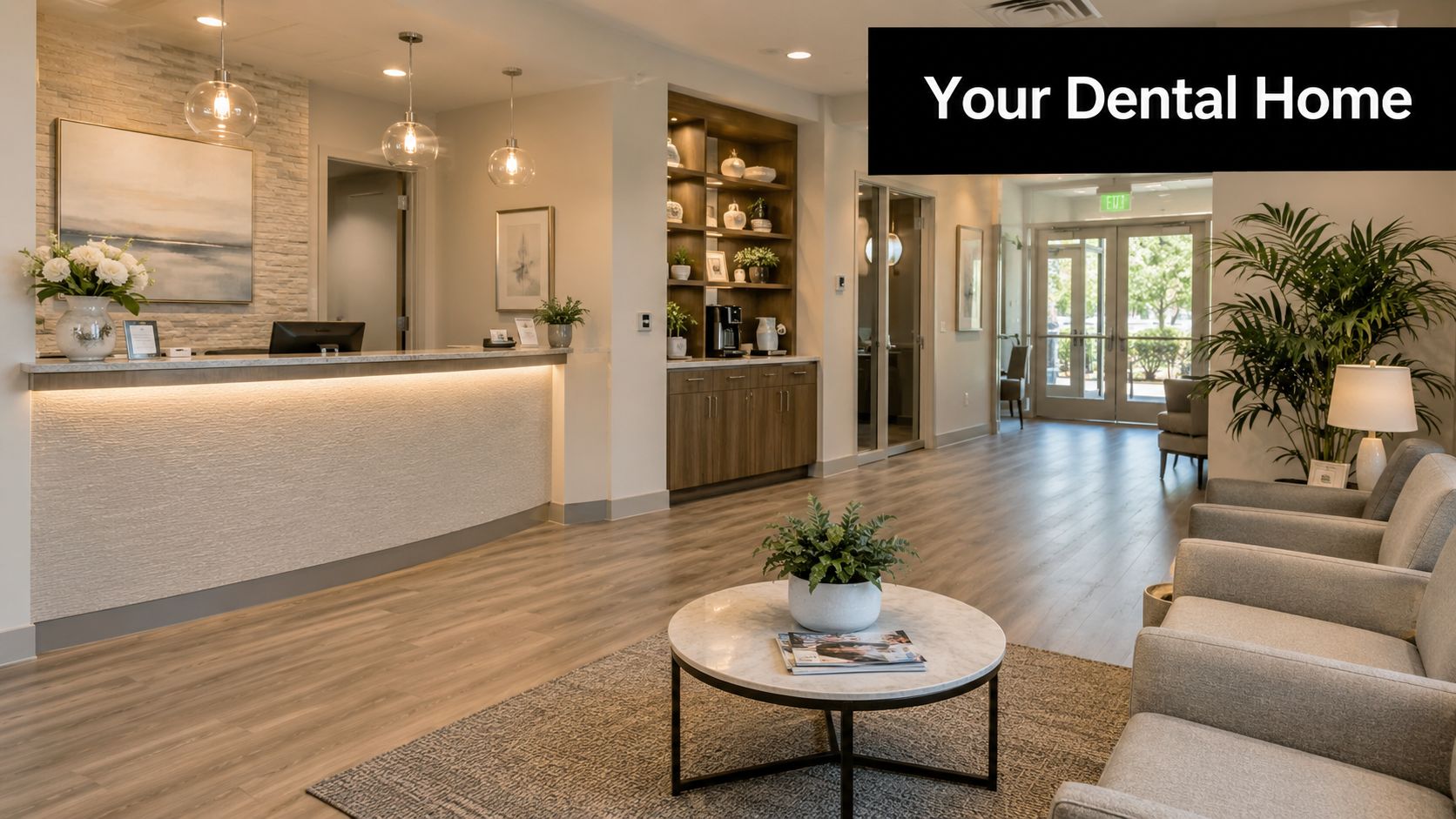 A modern, bright dental office reception area with a welcoming waiting room and professional front desk.