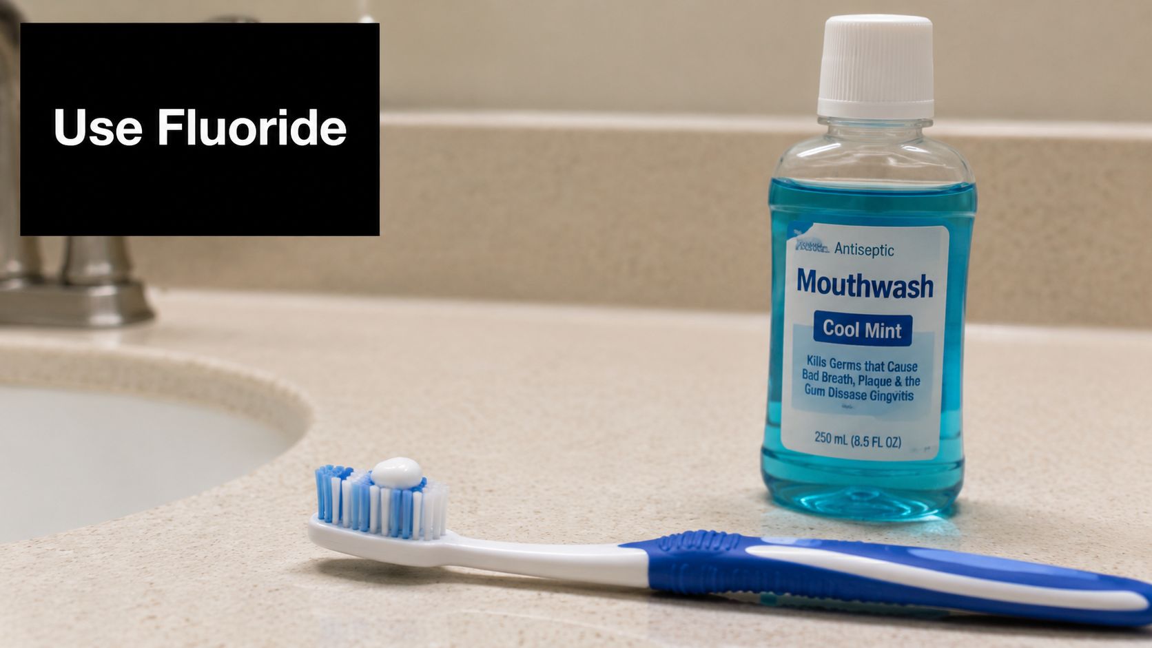 A toothbrush with toothpaste and a bottle of blue mouthwash sit on a bathroom counter.