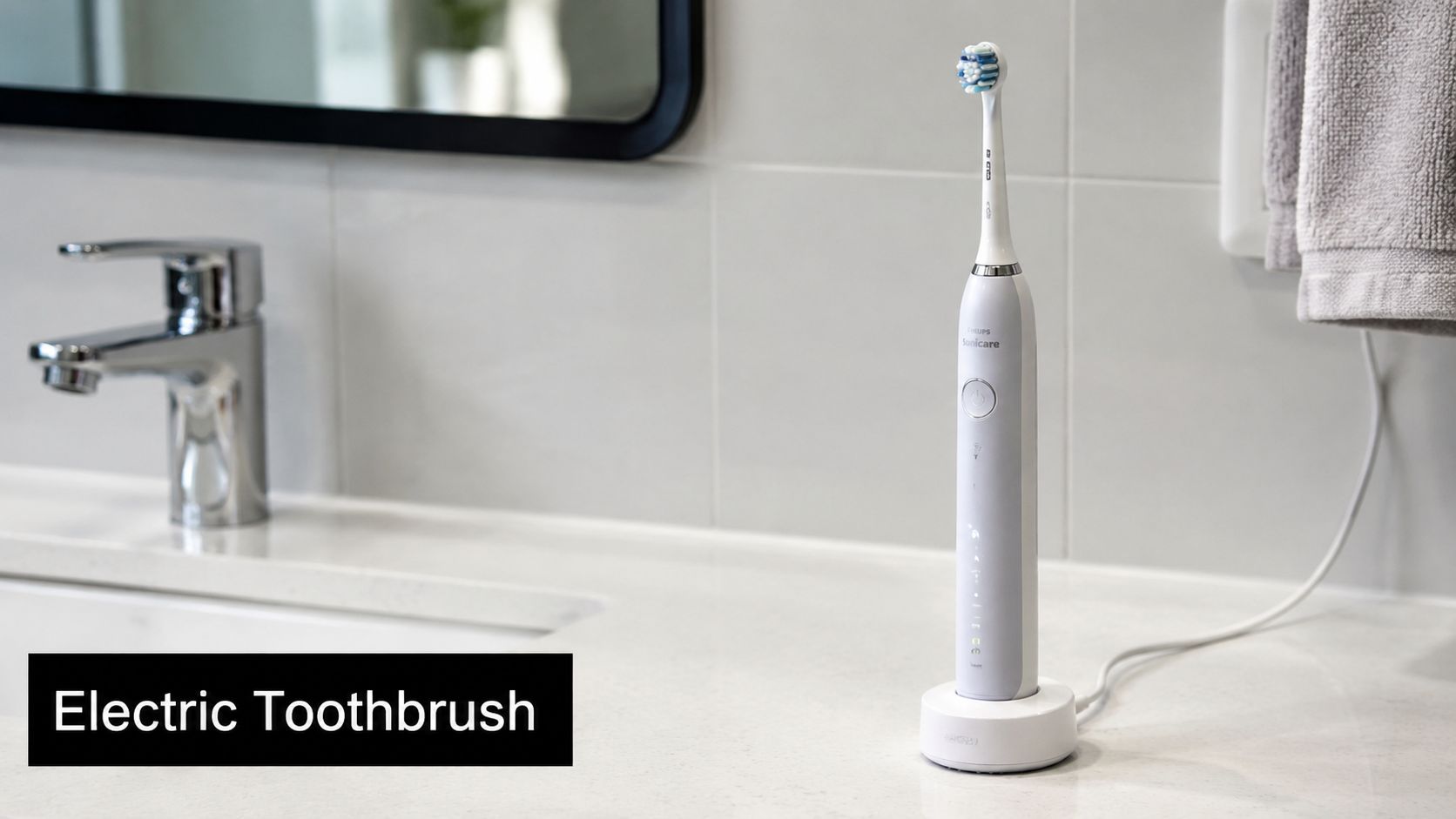 A Philips Sonicare electric toothbrush standing on its charging base on a modern white bathroom vanity.