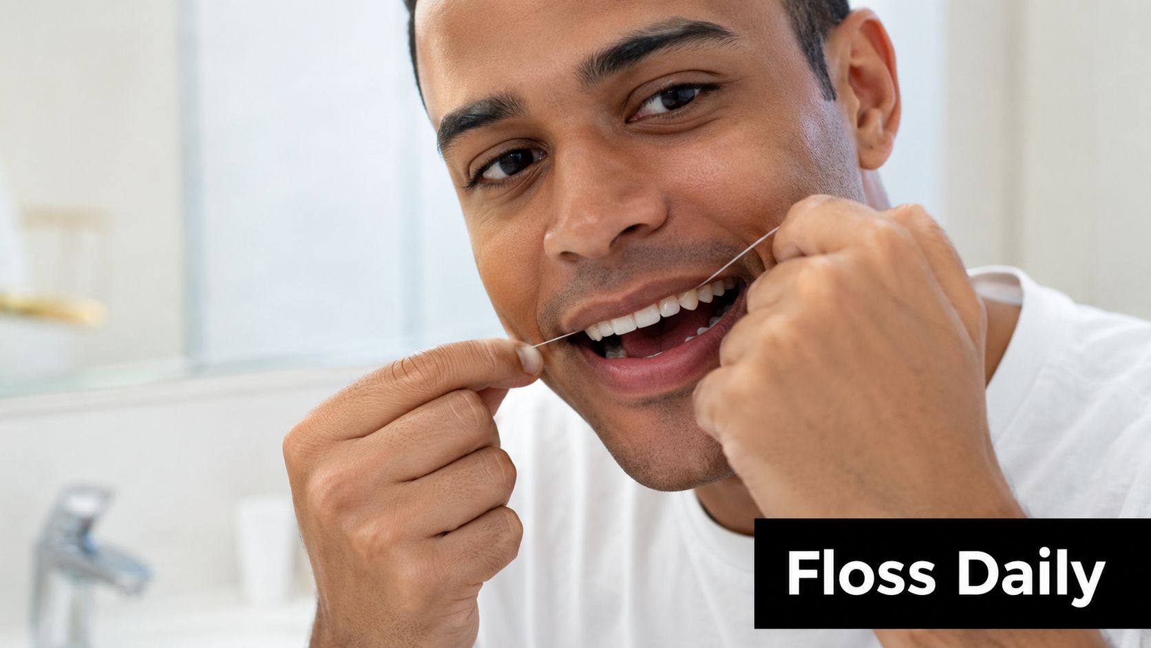 A smiling young man in a bathroom demonstrating how to use dental floss for proper teeth care.