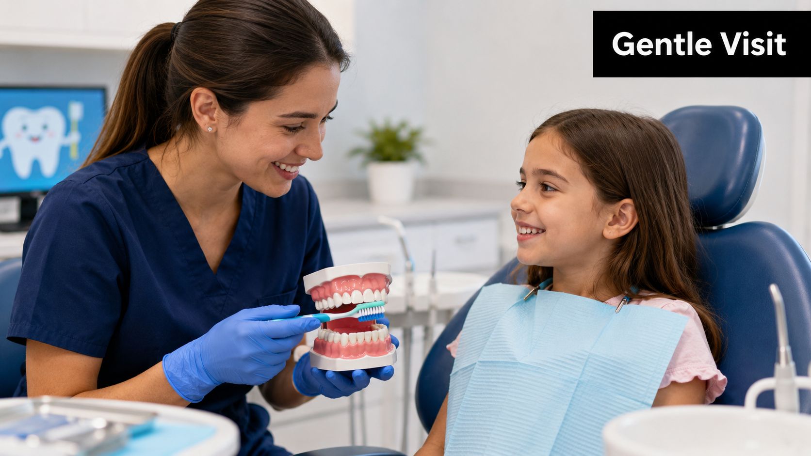 A friendly female dentist demonstrating proper toothbrushing techniques to a smiling young girl in a dental office.