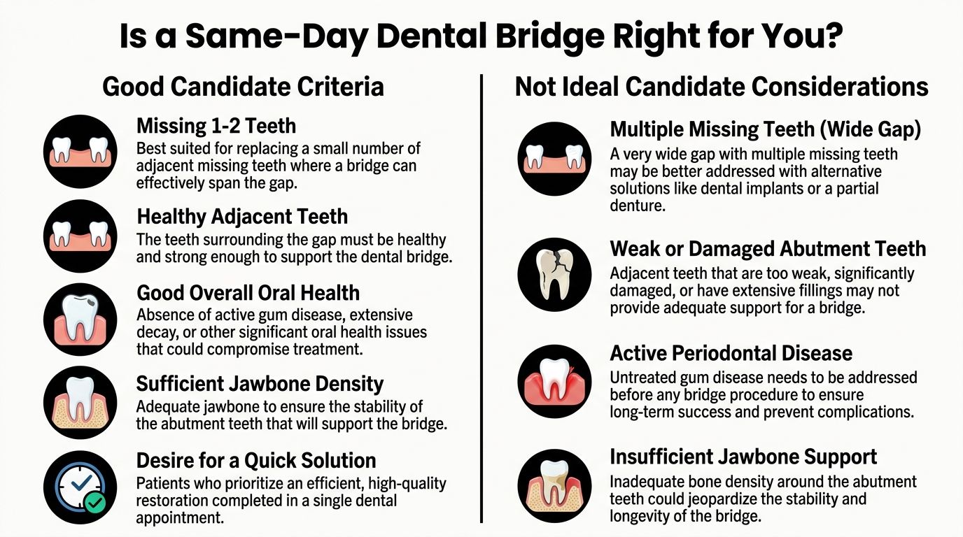 An infographic detailing criteria for determining if a patient is a good candidate for same-day dental bridges.