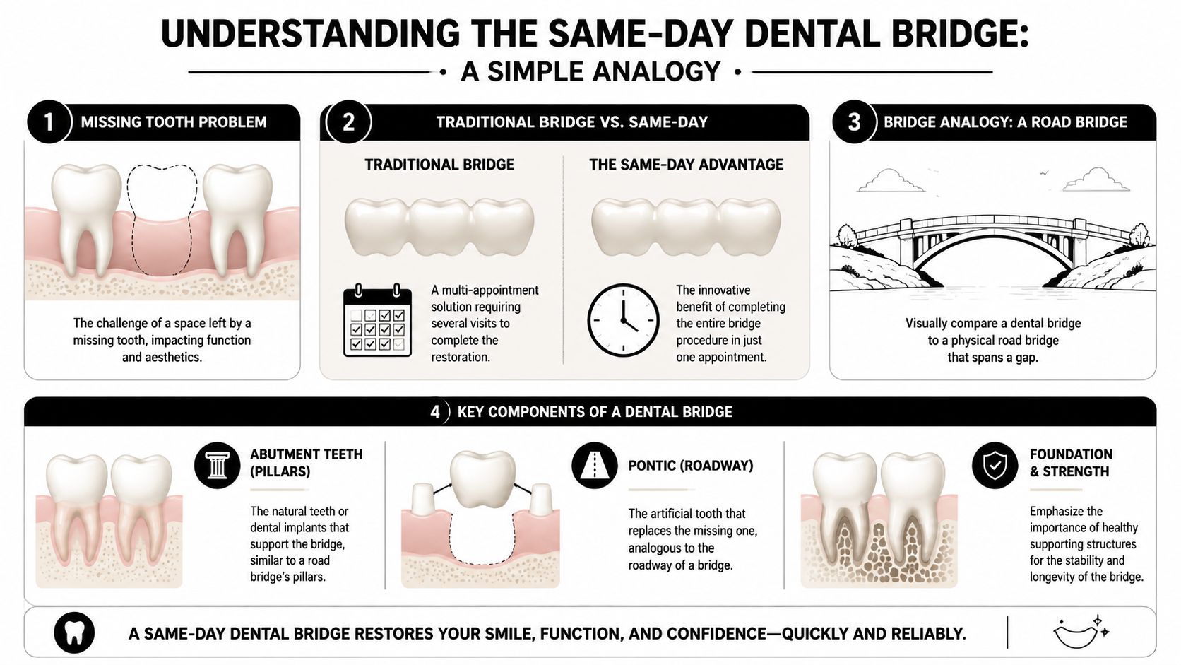 An infographic explaining the benefits and process of a same-day dental bridge using a simple bridge analogy.