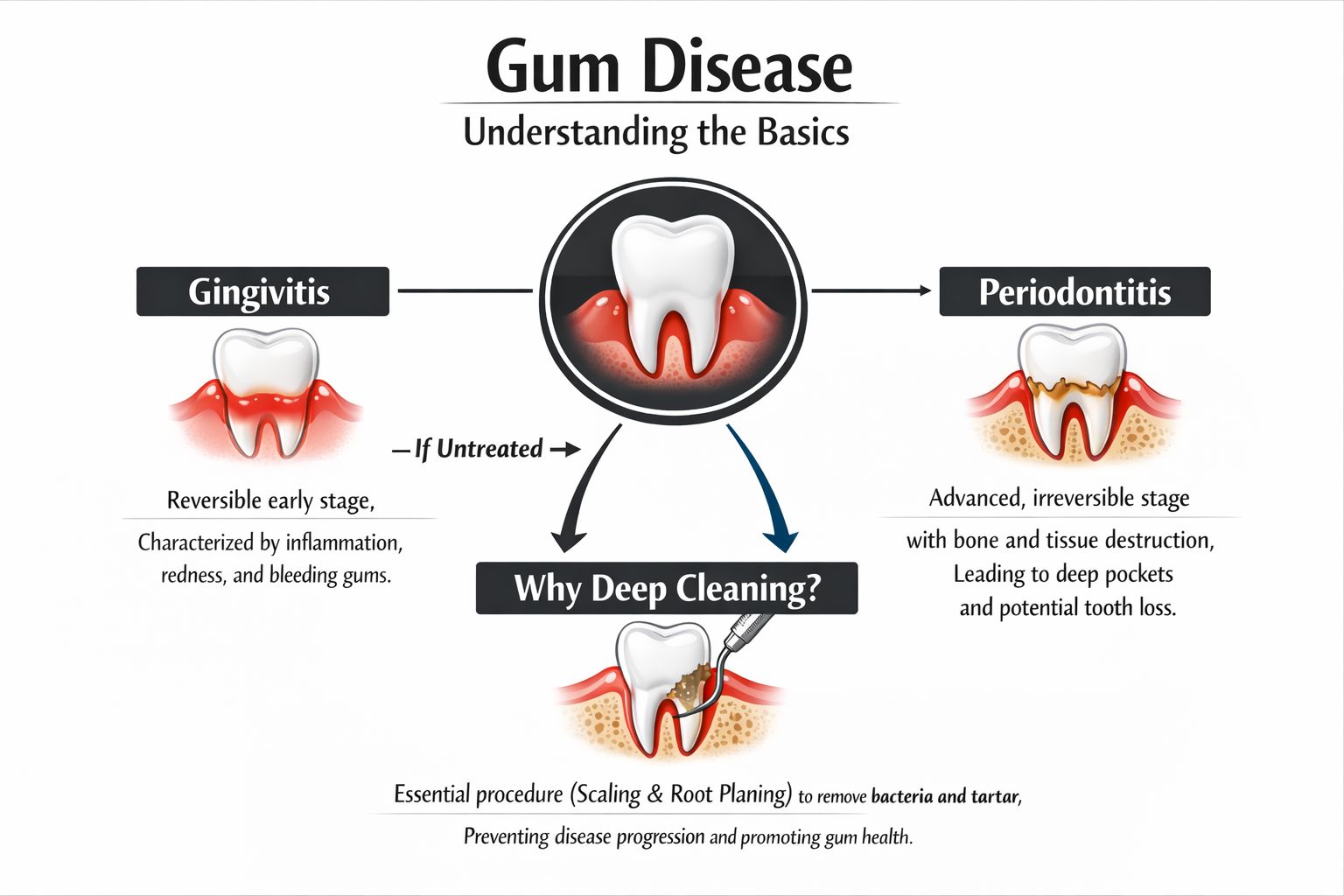 An educational infographic illustrating the progression of gum disease from gingivitis to periodontitis and the benefits of deep cleaning.
