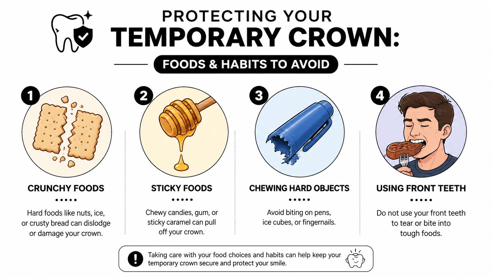 An infographic listing four tips to protect a temporary dental crown by avoiding certain foods and habits.