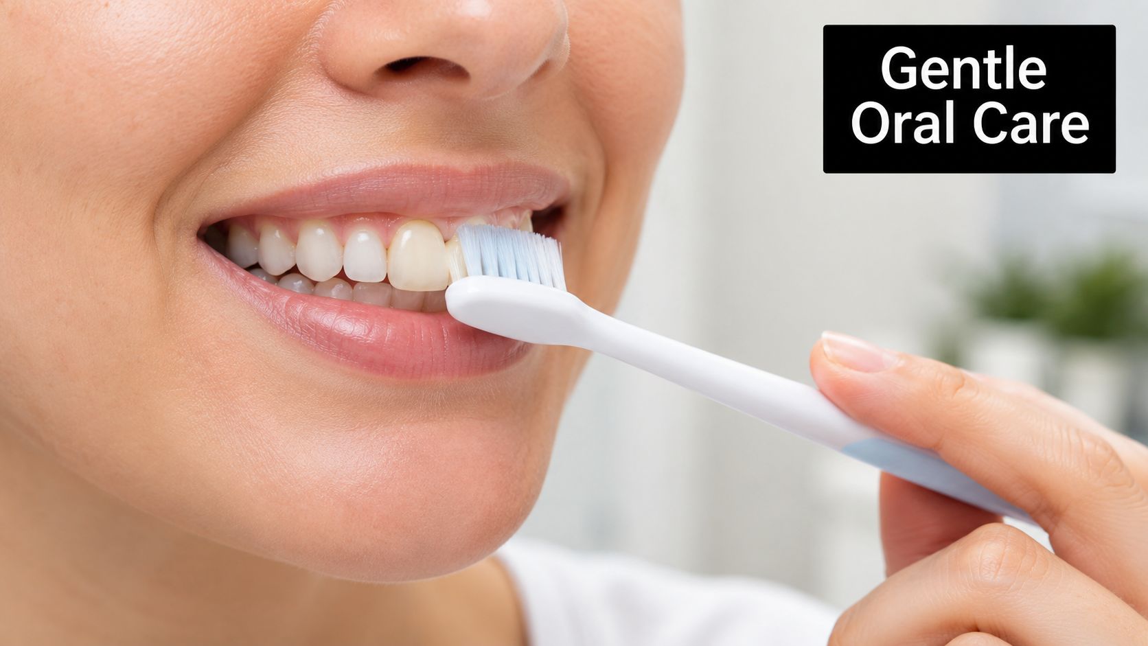 A close-up of a woman brushing her teeth with a toothbrush, focusing on gentle oral hygiene care.