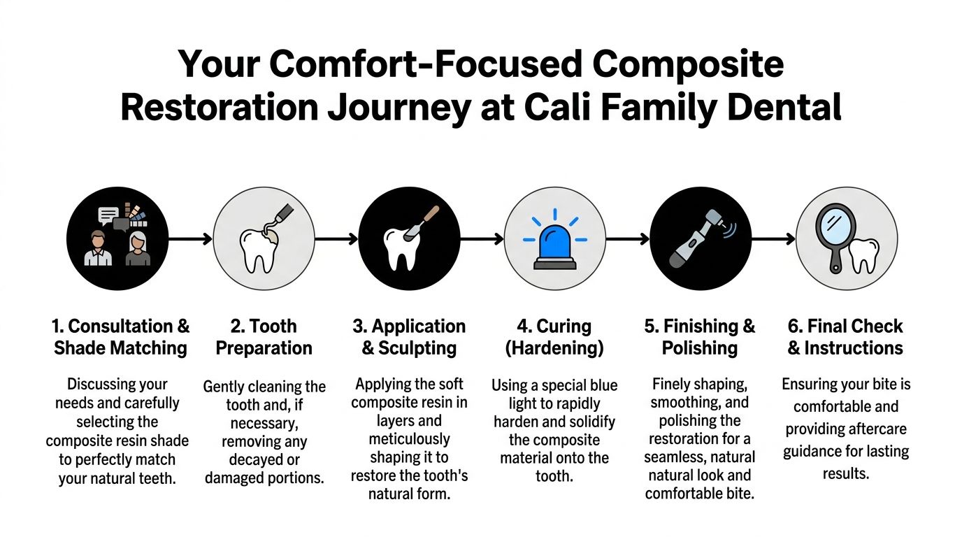 An infographic detailing the six-step process for a comfort-focused composite restoration procedure at Cali Family Dental.