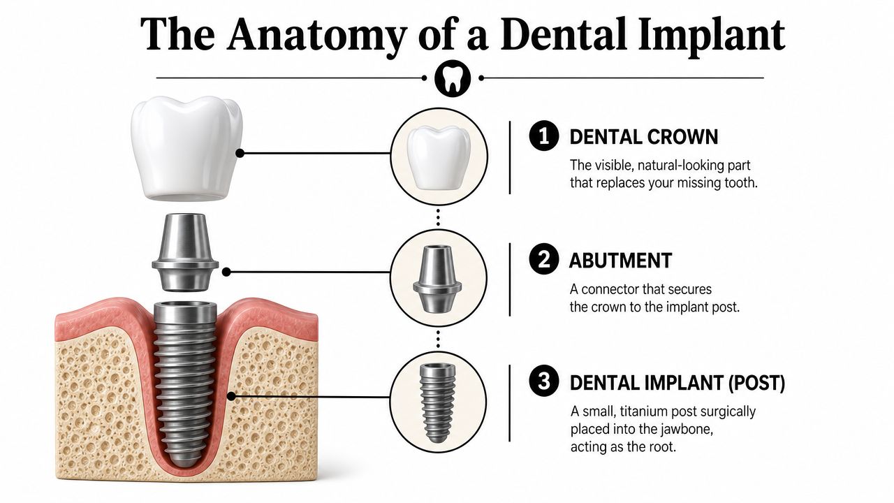 A diagram illustrating the three components of a dental implant: the crown, abutment, and titanium post.