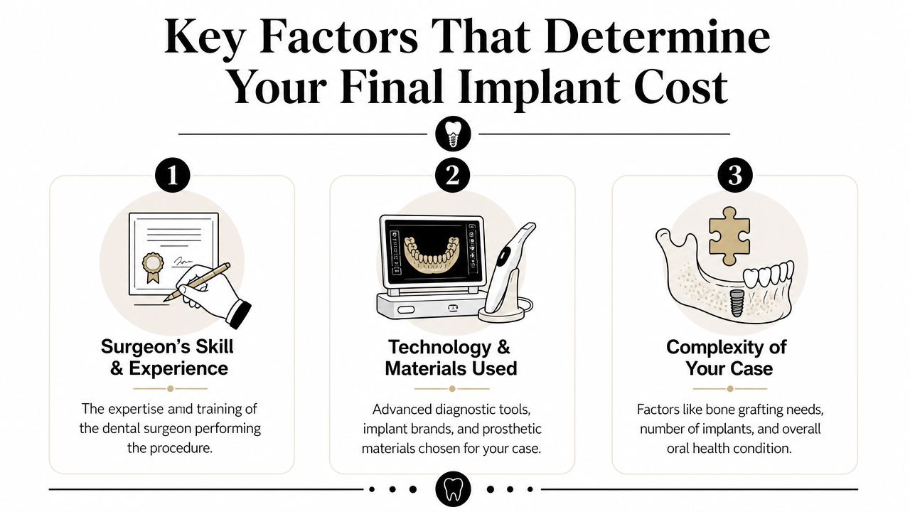 An infographic detailing the three primary factors that influence the final cost of dental implants.