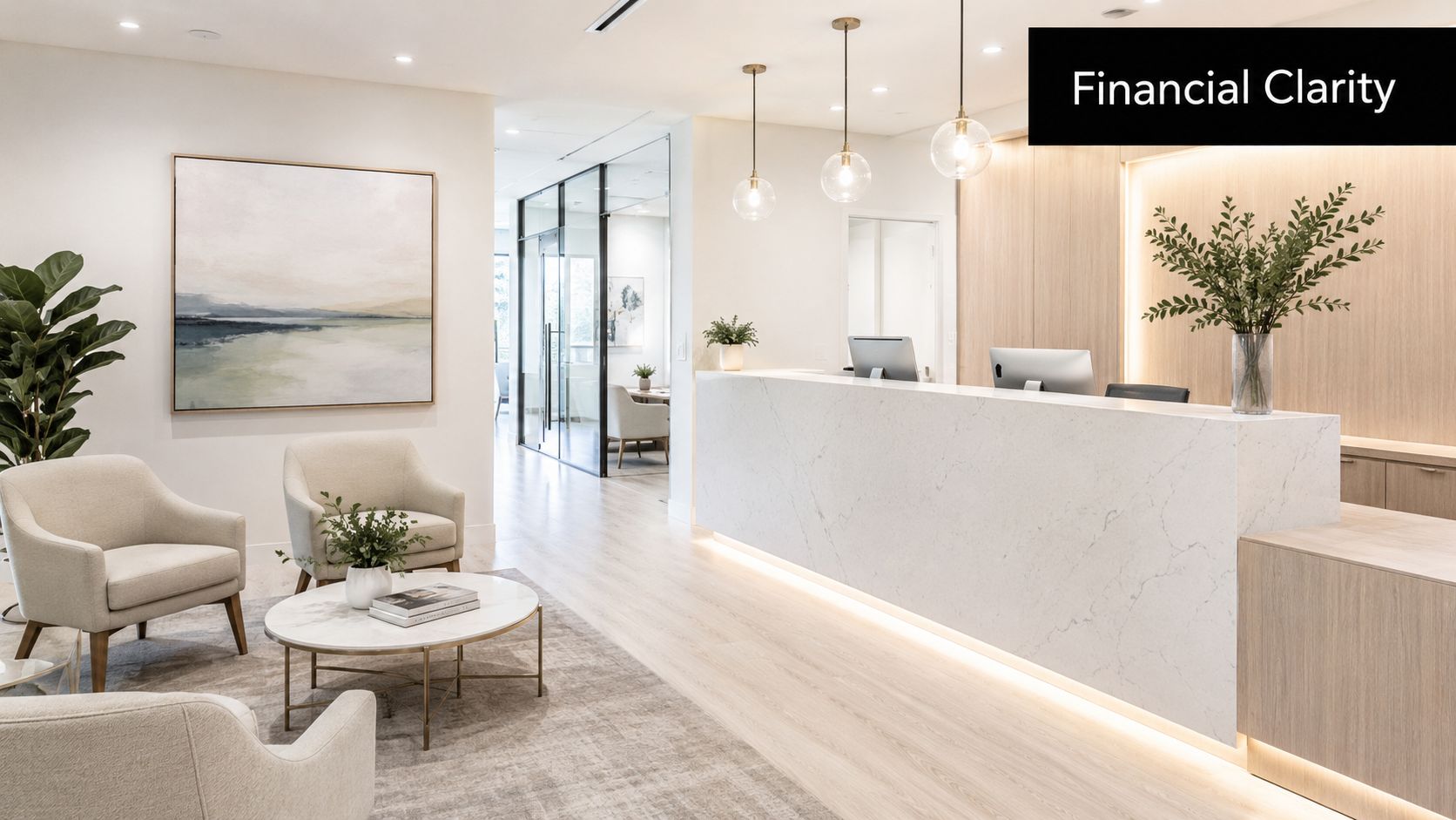 A modern and bright professional reception area for a clinic or financial office with elegant decor.