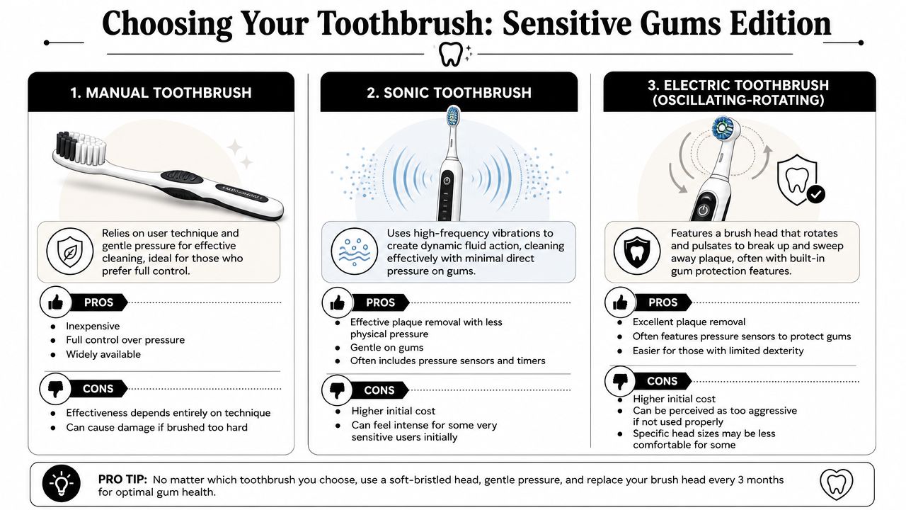 A comparison guide for choosing the best toothbrush for sensitive gums including manual, sonic, and electric options.
