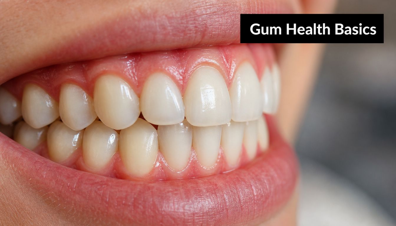 Close up view of healthy human teeth and pink gums demonstrating good oral hygiene practices.