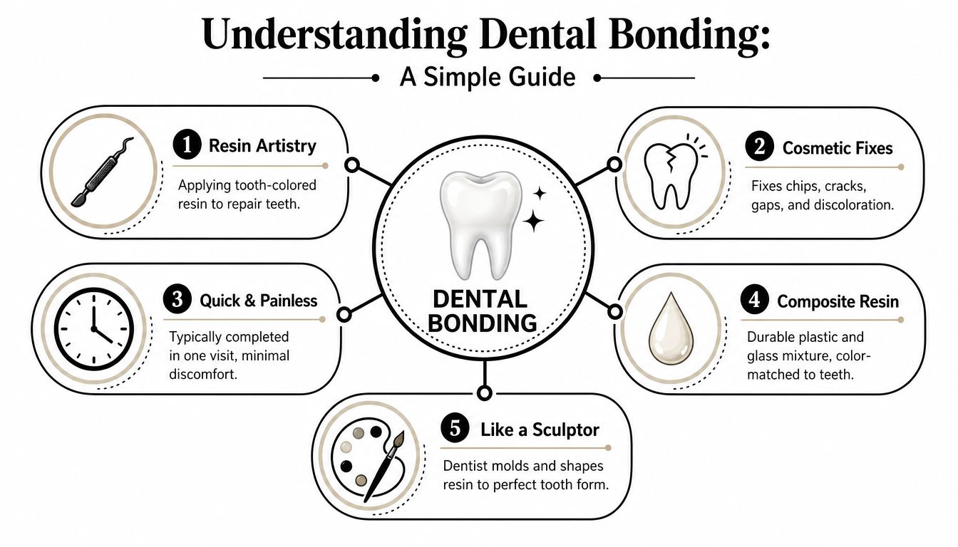 An infographic titled Understanding Dental Bonding explaining its process, cosmetic benefits, and materials used for tooth repair.