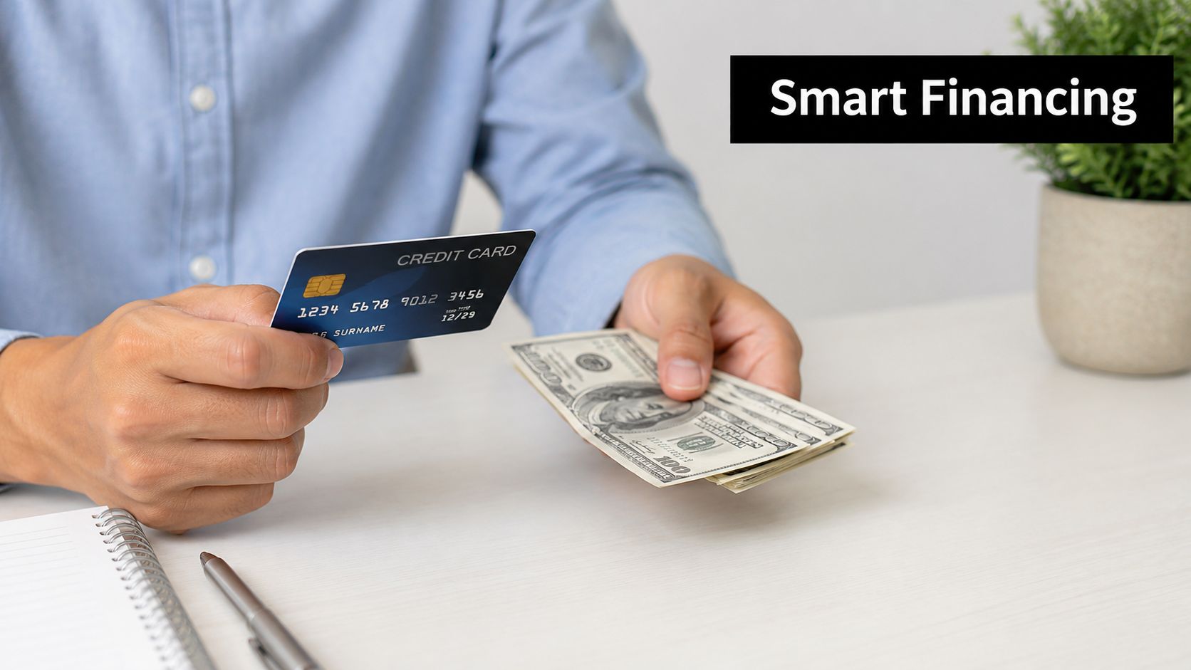 A person sitting at a desk holding a blue credit card and a stack of cash.
