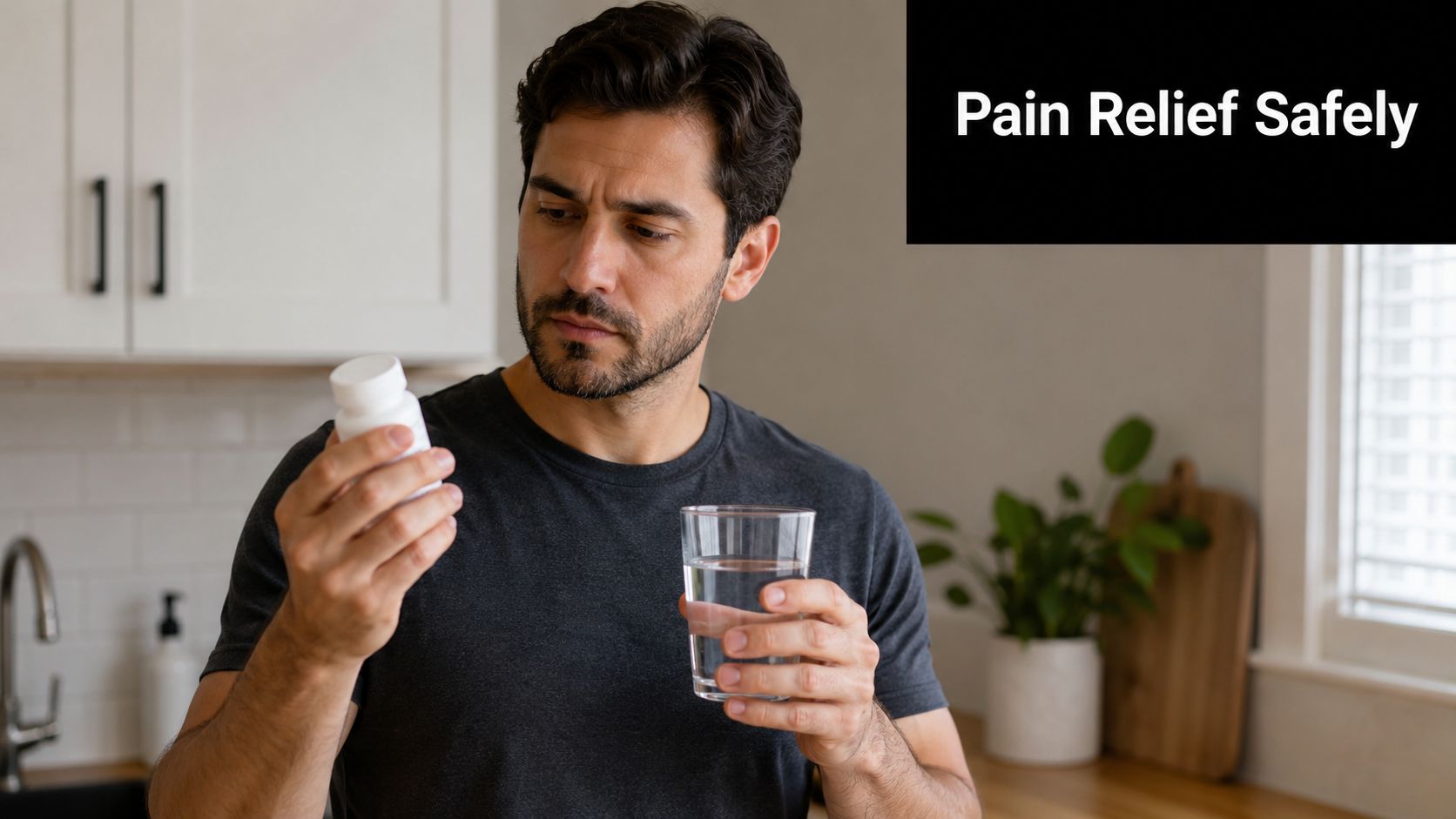 A man in a kitchen reading a label on a white medicine bottle before taking pills.