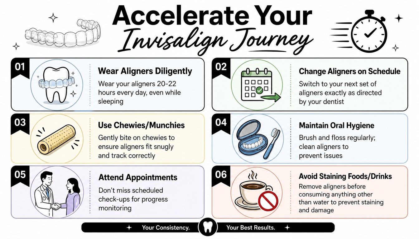 A helpful infographic showing six essential tips to accelerate the progress of your Invisalign treatment journey.