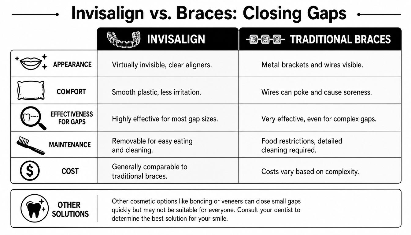 A comparison chart outlining the pros and cons of Invisalign versus traditional braces for closing teeth gaps.