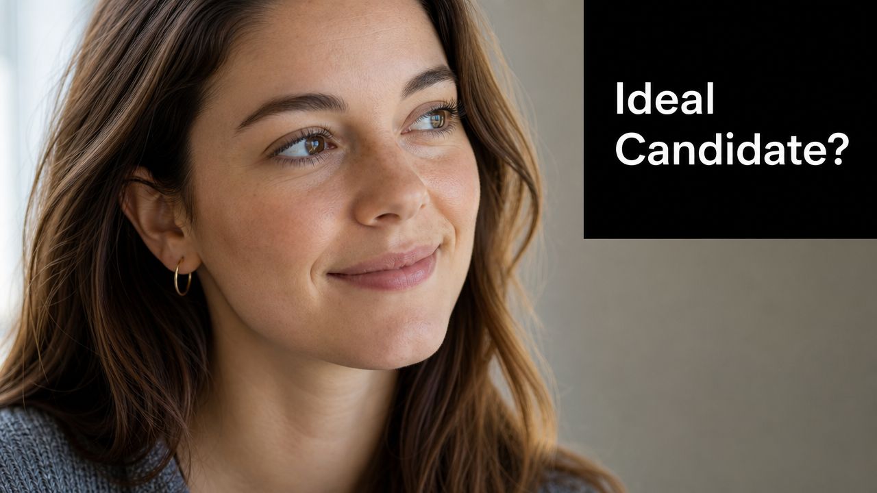 A close-up portrait of a smiling woman looking off-camera against a neutral background.