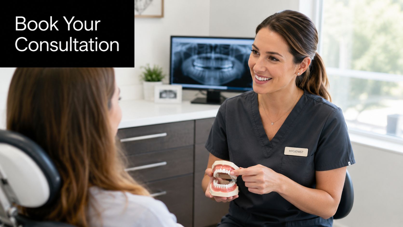 A friendly dental hygienist explains a teeth model to a patient during a professional consultation appointment.