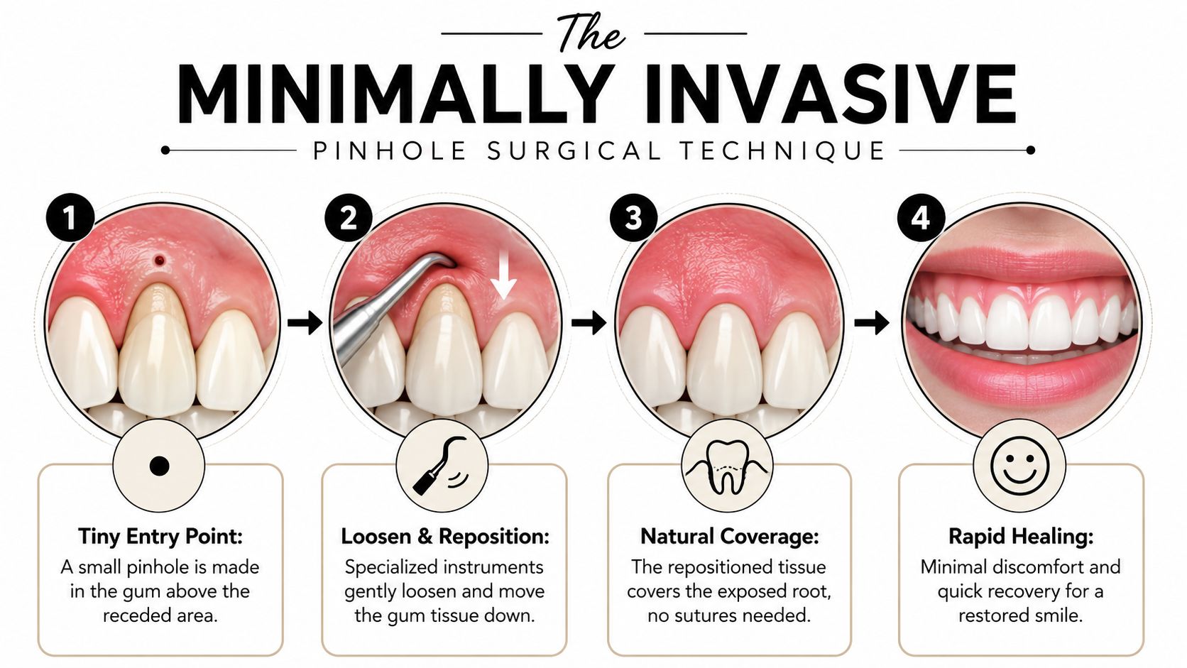 A four-step infographic illustrating the minimally invasive pinhole surgical technique for treating gum recession effectively.