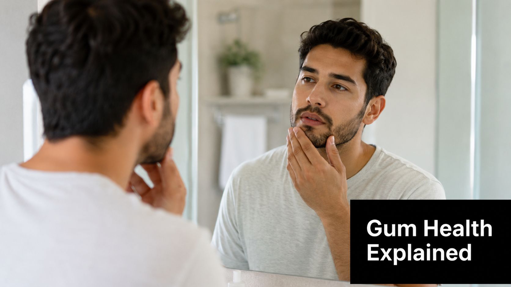 A man touching his beard while looking into a bathroom mirror in a thoughtful manner.
