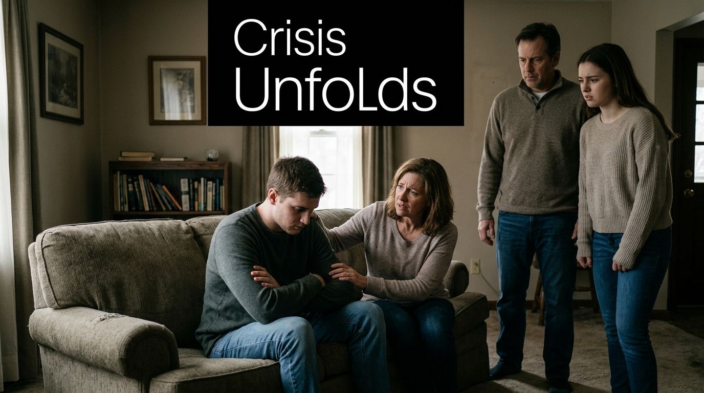 A concerned family sits together in a living room, supporting their young son through a difficult moment.
