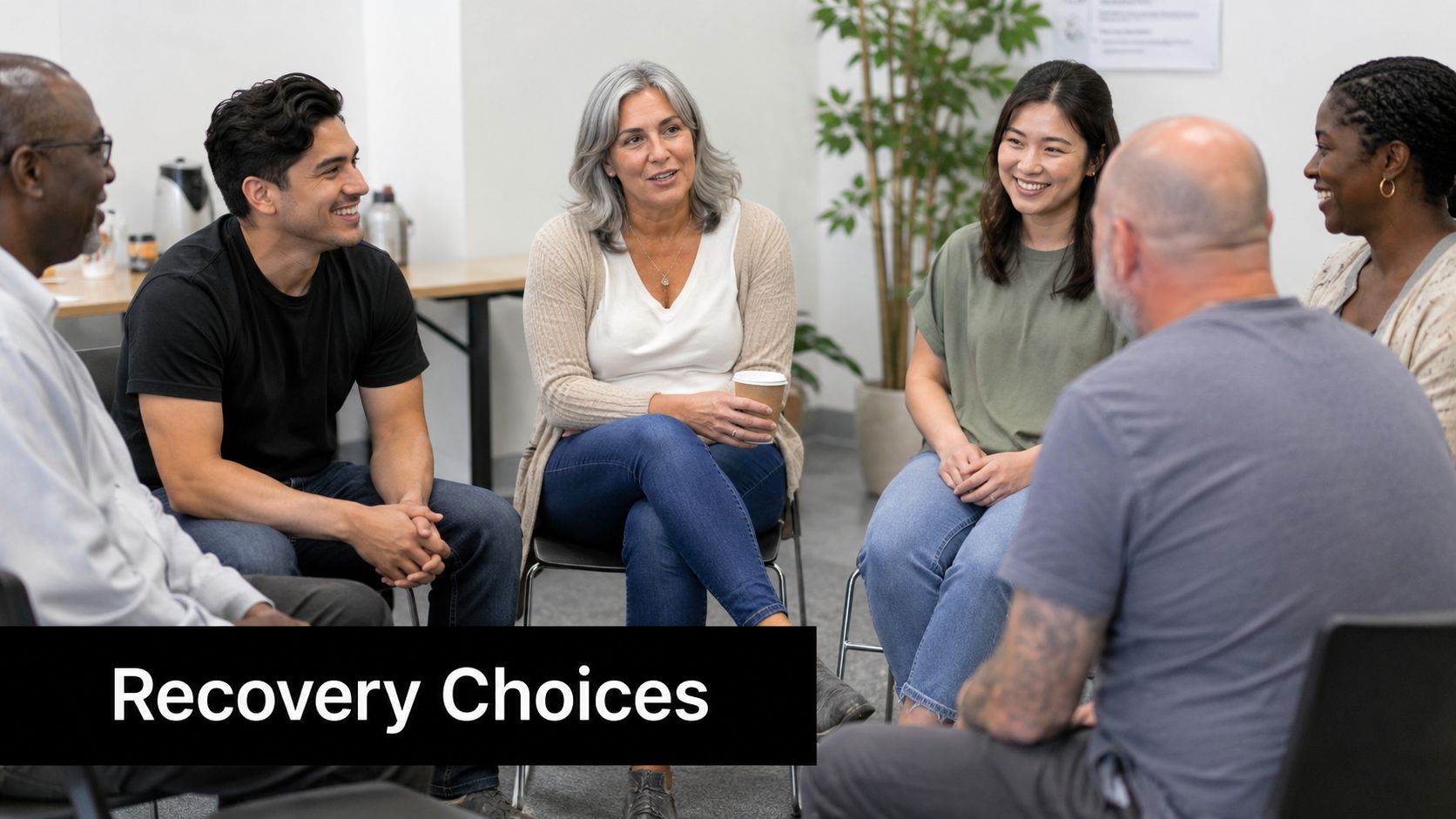 A diverse group of adults sitting in a circle during a supportive group therapy session indoors.