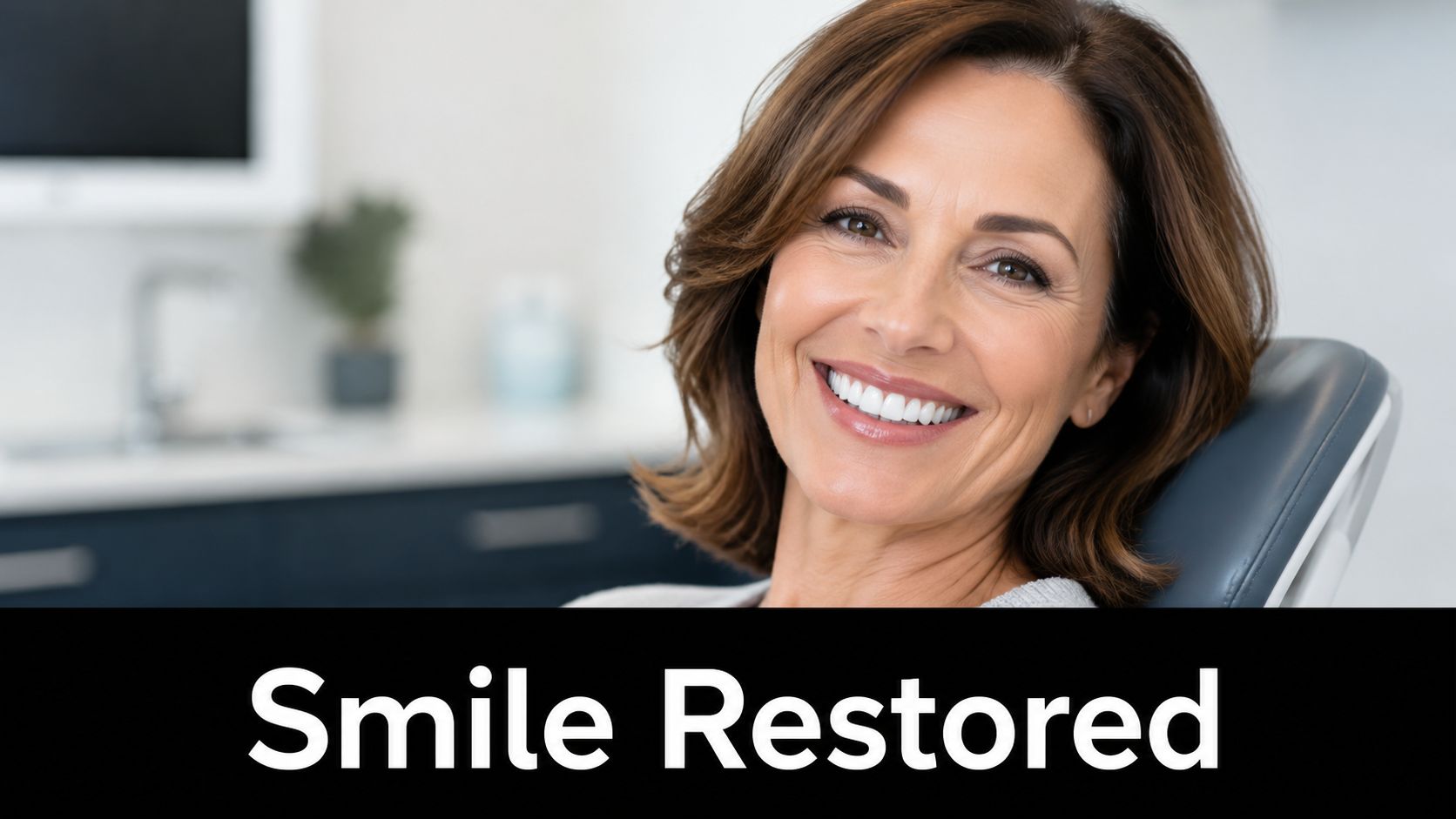 A smiling middle-aged woman sitting in a dental chair after receiving a restorative dental treatment.